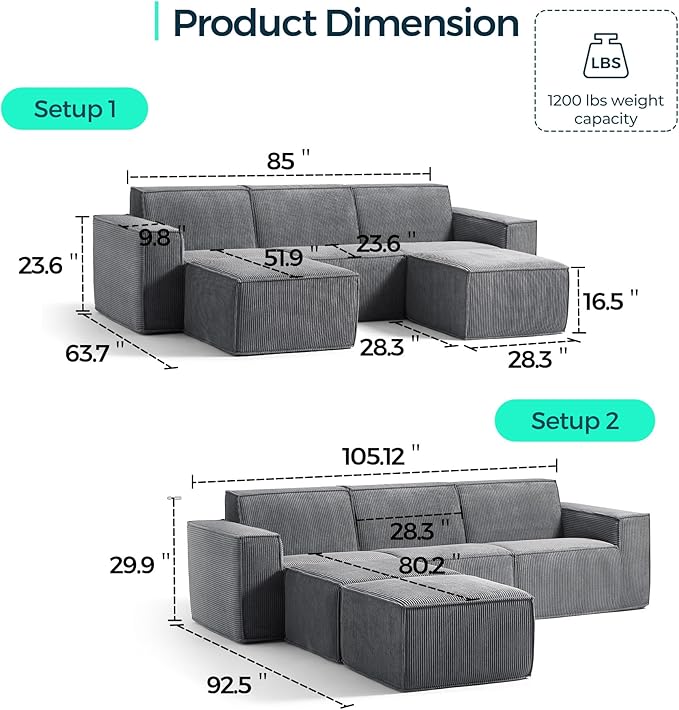 LINSY HOME Modular Sectional Sofa, 105" Boneless Couch U Shaped 3-Seat Sofa with 2 Movable Ottomans, Corduroy Sectional Cloud Couches for Living Room, No Assembly Required, Bluish Grey