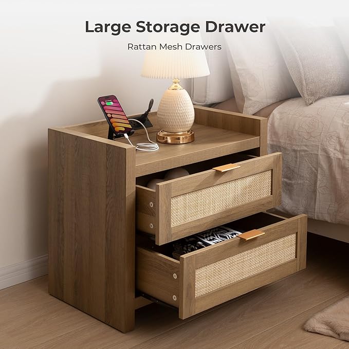 SICOTAS Rattan Nightstand End Table - Night Stand Bedside Table with Type-C Charging Station, 2 Drawers Storage - Boho Night Stands for Bedroom - Natural Oak - Image 3
