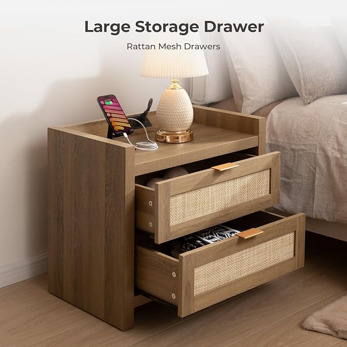 SICOTAS Night Stand Set of 2 - Rattan Nightstands with Type-C Charging Station, 2 Rattan Drawers - Boho Bed Side Tables End Table for Small Space - Natural Oak - Image 4