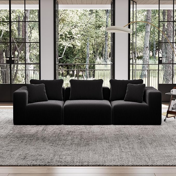 Avenco 106” 3-Seater Modular Sofa, Individually Wrapped Coil Support & Corduroy Fabric, Zero Assembly 3-Piece Set for Apartment, Black