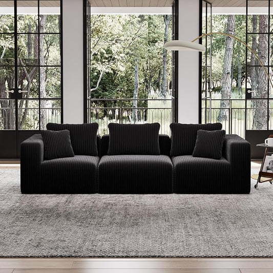 Avenco 106” 3-Seater Modular Sofa, Individually Wrapped Coil Support & Corduroy Fabric, Zero Assembly 3-Piece Set for Apartment, Black