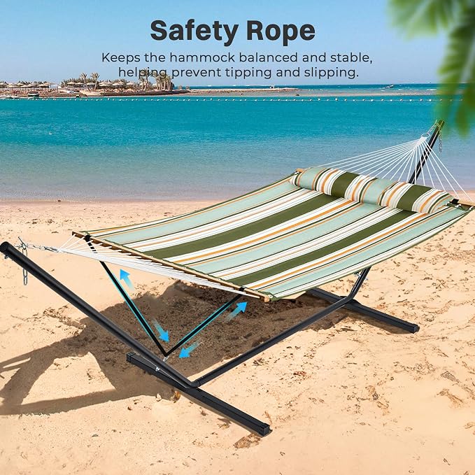 SUPERJARE Hammock with Stand, 2 Person Quilted Outdoor Hammock, Detachable Pillow & Bamboo Spreaders, Portable Hammock with Carrying Bag, Heavy Duty Stand, Perfect for Outside, Patio, Retro Green - Image 5