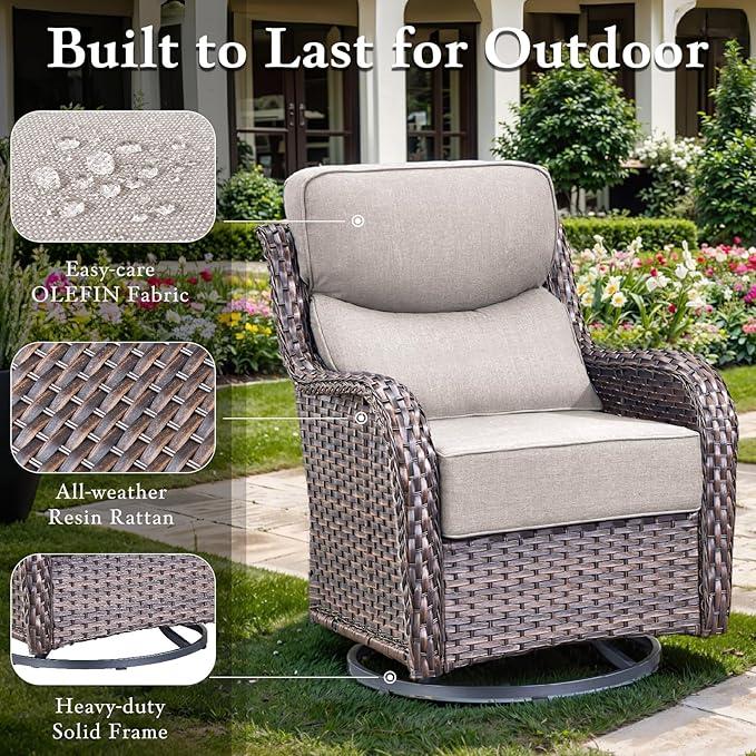 Luxury High Back Outdoor Furniture Set with 6-inch Thick Cushions, Patio Furniture Set with Swivel Chairs, 10 PCS Wicker Conversation Set for Yard, Deck, Poolside, Brown/Beige