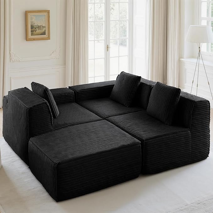 L-Shaped Corner Corduroy Sectional Sofa 4 Seat Modular Boneless Sofa Foam Cloud Couch with Movable Ottoman and Toss Pillows,Modern Deep Seat Convertible Chaise Sofa