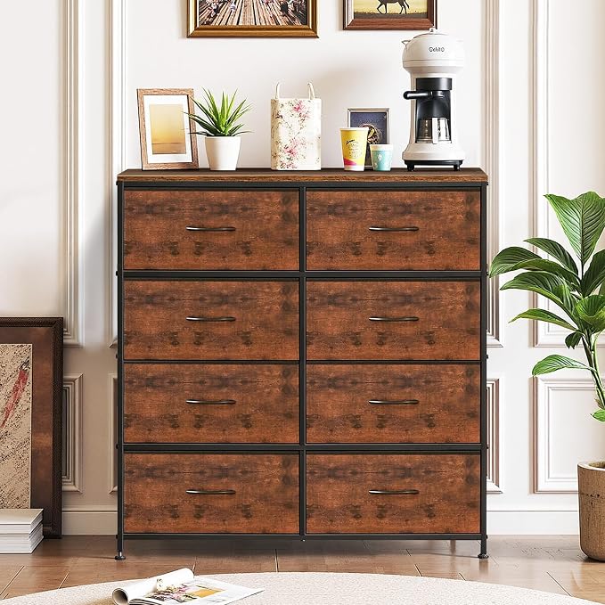 8-Drawer Dresser for Bedroom, Anti-Tip Tall Storage Organizer Chest of Drawers with Wooden Top and Metal Frame Fabric Bins for Closet, Living Room, Hallway, Entryway, Brown - Image 2