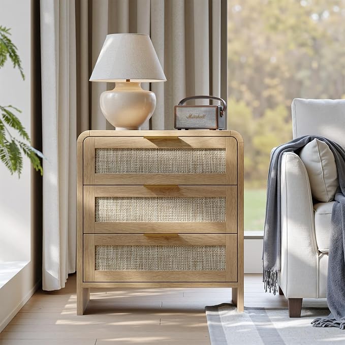 Evermagin 23" Wide Rattan Night Stand with 3 Drawer, Boho Nightstand with Storage, Wooden Bedside Table End Table for Bedroom, Light Oak - Image 6