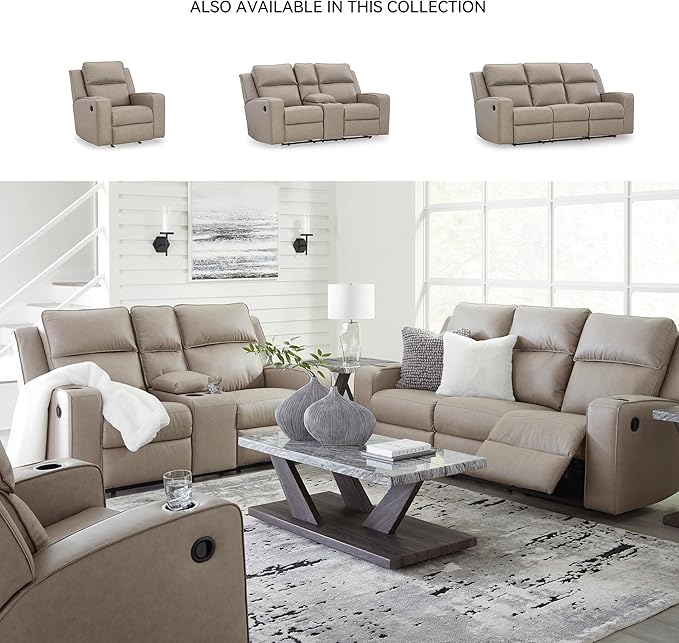 Signature Design by Ashley Lavenhorne Contemporary Faux Leather Manual Reclining Loveseat with Console and Cup Holders, Beige