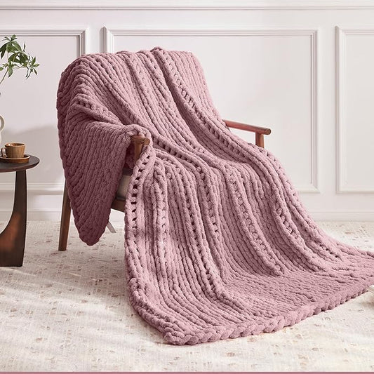 Negwoo Chunky Knit Throw Blanket, 80''*90'' Knitted Throw Chenille Yarn for Bed Couch, Handmade Muted Pink Crochet Big Thick Blanket, Machine Washable Cute Comfy Blanket for Home Decor