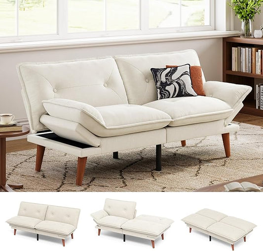 LINSY HOME Futon Sofa Bed, 70" Chenille Futon Couch with Adjustable Backrest Armrest, 3 in 1 Convertible Comfy Loveseat Sleeper Sofa Bed for Small Spaces Dorm Room Apartment Home Office, Beige White