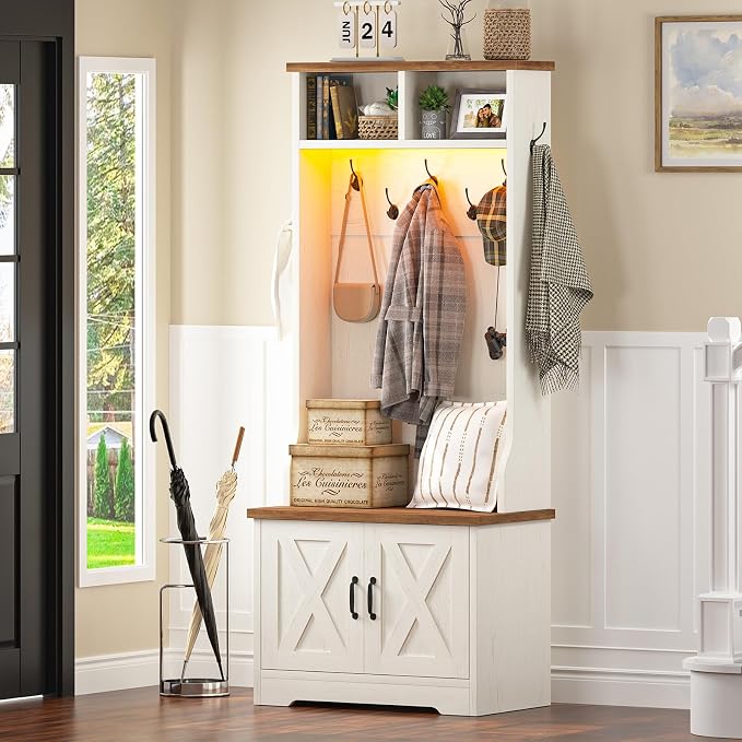CSZZD Hall Tree with Bench and Shoe Storage, Entryway Bench with Coat Racks and Led Lights, Farmhouse Small Hall Tree with Shoe Cabinet, 7 Coat Hooks, 6 Storage Cubbies, Adjustable Shelf - Image 9