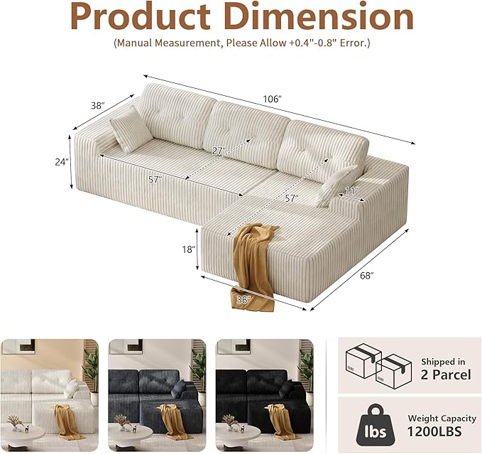 Ball & Cast 106" Modular Sectional Sofa,Cloud Corduroy Couch with Deep Seat,Boneless L-Shaped Sectional,Modern Comfort Upholstered Sofa for Living Room,No Assembly Required (Beige,Right Facing Chaise)