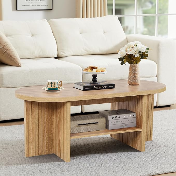 43.3" Coffee Table with Storage, Oval Coffee Tables for Living Room, Farmhouse Fluted Coffee Table with Large Storage Shelf, Wood Center Table for Small Space, Natural