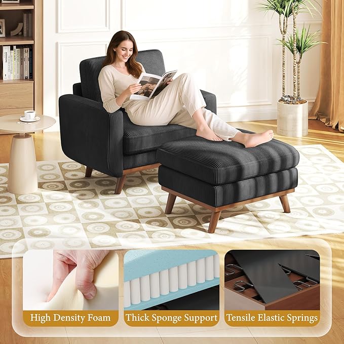 Vesgantti 38.5" Accent Chair with Movable Ottoman, Comfy Corduroy Armchair with Spring Cushion, Reading Chair with Ottoman, Modern Single Sofa for Living Room, Bedroom and Apartment, Black