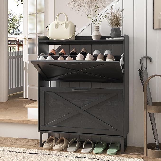 Maupvit Shoe Storage Cabinet with 2 Flip Drawers, Freestanding Organizer with Metal Legs for Entryway, Narrow Shoe Rack Cabinet, Black by MaupvitFurniture
