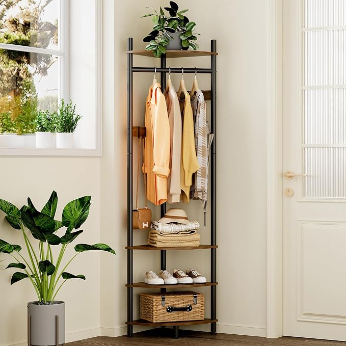 GiftGo Corner Hall Tree with Shoe Rack Entryway Coat Rack with 6 Metal Movable Hooks Floor Standing Clothes Rack Organizer for Home Office Bedroom (Rustic Brown) by GiftGoDirect