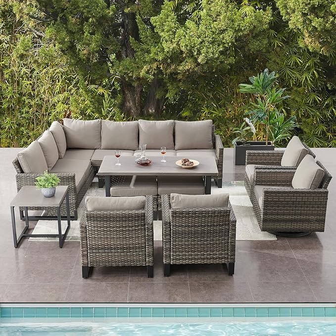 Belord Outdoor Sectional Furniture with Swivel Rocker Chair, 10 Pieces Wicker Patio Furniture Sets with Ottoman L Shaped Sofa Coffee Table Grey Cushion