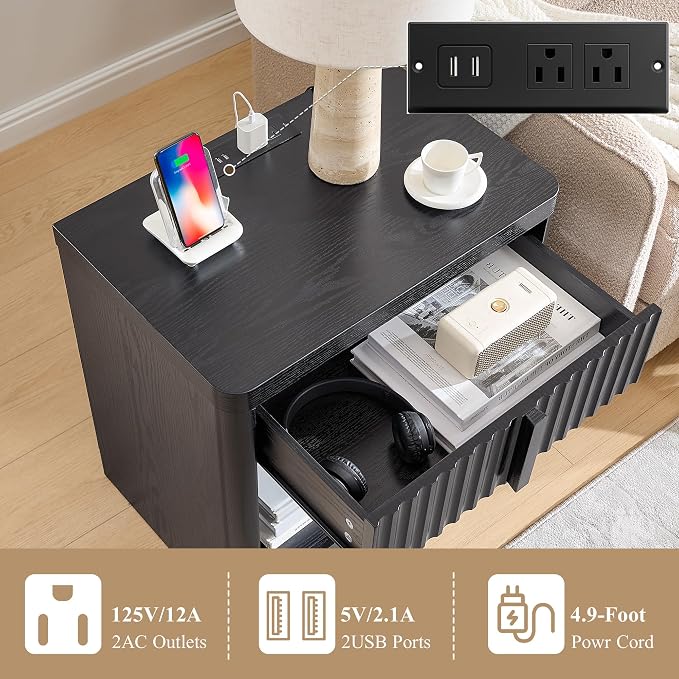 YANSNWO Fluted Nightstand with Charging Station, 23.6" Bedside Table with Open Shelf and Drawers Storage, End Table with Solid Wood Handle, Curved Profile Design, Night Stand for Bedroom, Black - Image 6
