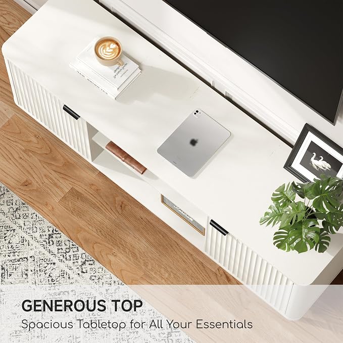Fatmok TV Stand, 58" Modern Media TV Console Table with Storage for 55/60/65 inch TV, Mid Century Entertainment Center with Fluted Door Cabinets and Open Shelves TV Cabinet for Living Room, Bedroom - Image 7