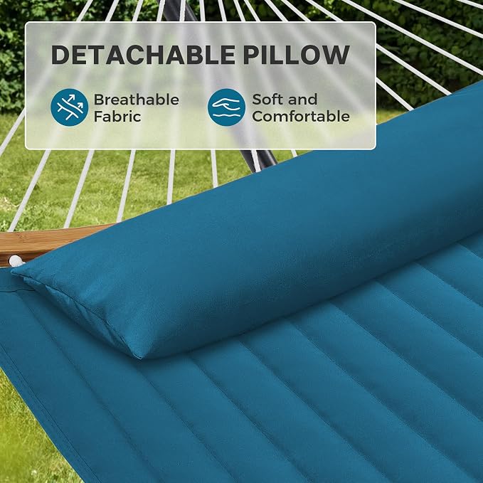 SUPERJARE Curved-Bar Hammock with Stand, 2 Person Heavy Duty Hammock Frame, Detachable Pillow & Portable Carrying Bag, Perfect for Outdoor & Indoor, Peacock Blue - Image 4