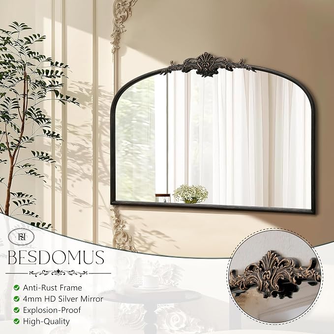 Besdomus Vintage Arched Black Mirror: 32"x24" French Large Black Vintage Wall Mounted Mirror - Baroque Traditional Ornate for Living Room/Fireplace/Bathroom- Wall Decor for Interior Designers - Image 6