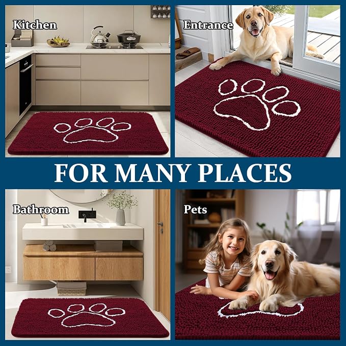 OLANLY Dog Door Mat for Muddy Paws 70x46, Paw Print Design, Absorbs Moisture and Dirt, Absorbent Non-Slip Washable Doormat, Quick Dry Chenille Mud Mat for Dogs, Entry Indoor Entryway Carpet, Burgundy - Image 8