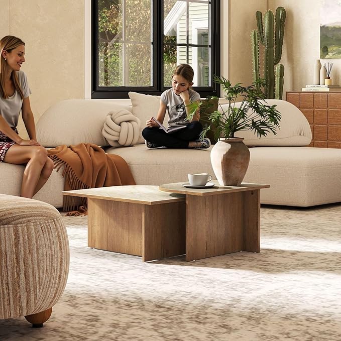 Set of 3 Nesting Coffee Tables, Modern Faux Marble Look Top Coffee Table Set with Wood Base, Versatile Stacking Accent Tables for Living Room, Small Spaces