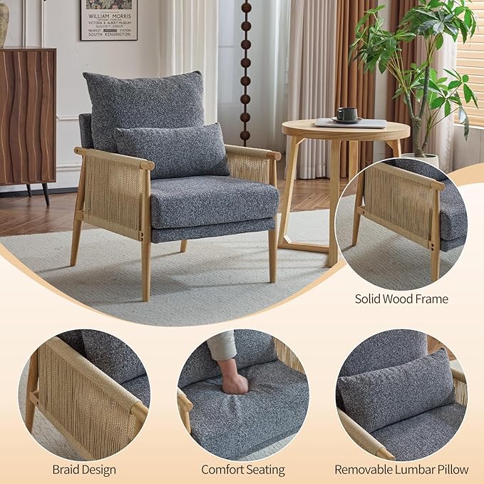 Karl home Cozy Chenille Accent Chair with Lumbar Pillow & Rattan Arms Modern Lounge Chair for Living Room, Bedroom, Reading Nook, Dark Gray