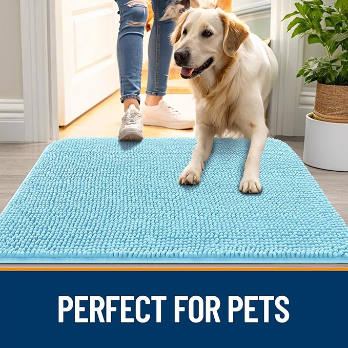 OLANLY Dog Door Mat for Muddy Paws 24x16, Absorbs Moisture and Dirt, Absorbent Non-Slip Washable Doormat, Quick Dry Chenille Mud Mat for Dogs, Entry Indoor Entryway Carpet for Inside Floor, Blue - Image 6