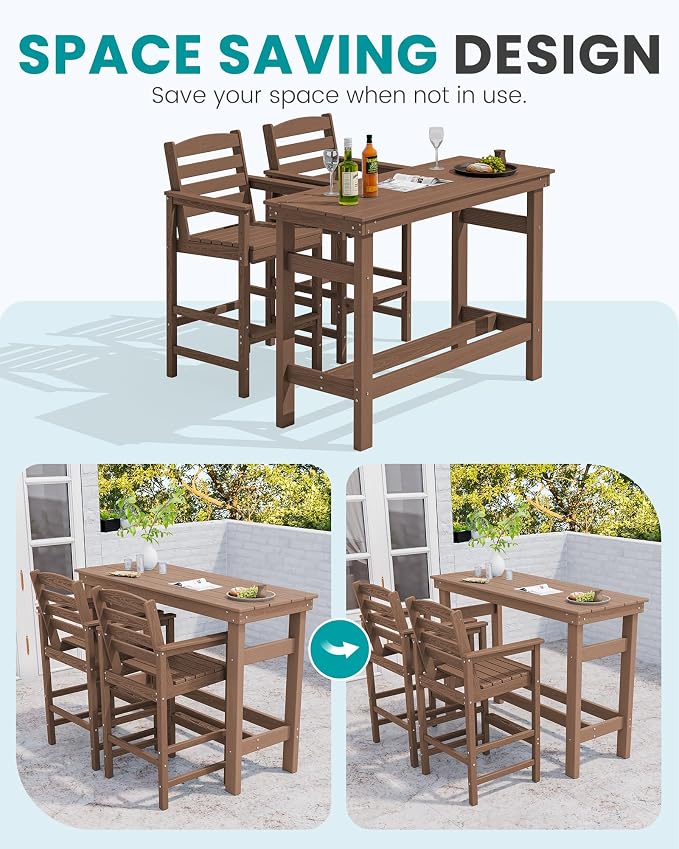 SERWALL Outdoor Bar Set - 2 Adirondack Bar Chairs & Bar Height Table with 1.6" Umbrella Hole, All-Weather HDPE Patio Furniture for Poolside, Backyard, Garden - Brown - Image 5