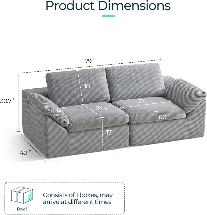 LINSY HOME 79" Modular Couch Modern Cloud Couch, 2 Seater Loveseat Sofa with Double Layer Cushions, Small Couches for Bedroom, Apartment, No Assembly Required, Grey