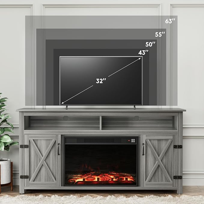 YESHOMY Fireplace TV Stand for Television up to 65+ Inch with Storage and Farmhouse Barn Doors, Entertainment Center with Cabinet and Shelves, Media Console for Living Room, Gray Wash - Image 6