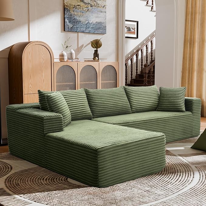 106" Modular Sectional Sofa, Green Corduroy Cloud Couch with Right Chaise, Deep Seat Boneless Floor Sofa for Living Room, High-Resilience Foam Support, No Assembly Required, Includes Pillows | Sectional Sofa, Corduroy Cloud, Boneless, High-Resilience, ...