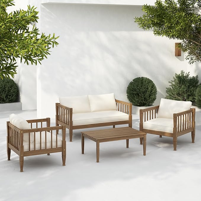 Christopher Knight Home 4-Piece Patio Furniture Set with Coffee Table, Acacia Wood Outdoor Conversation Set, 4 Seater Patio Sofa Set with Thick Cushions for Backyard,Balcony, Light Brown+Beige