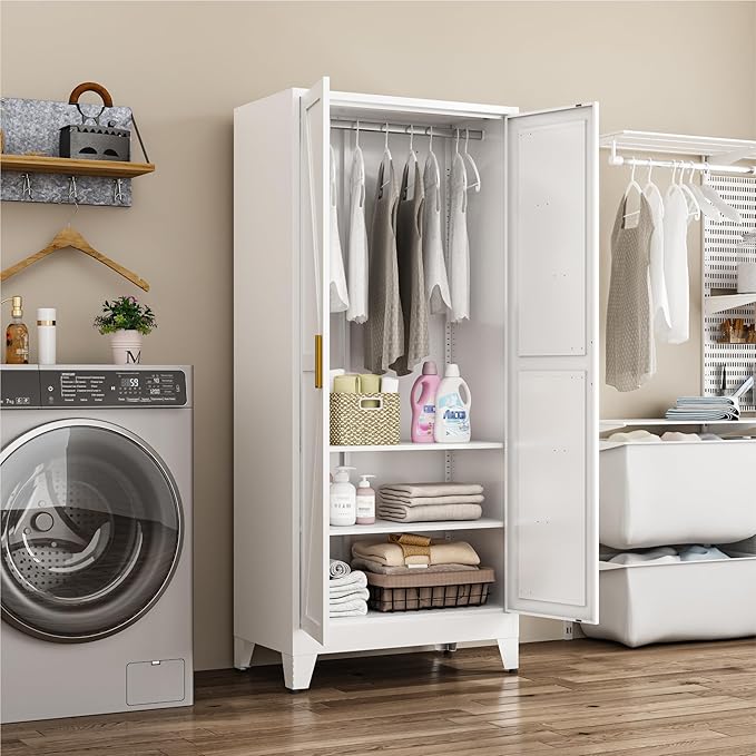 Metal Wardrobe Closet with Doors and Shelves, 71" Farmhouse Bedroom Armoire with Hanger Rod and Clothing Shelf, White Steel Wardrobe Cabinet Storage Clothes Closet
