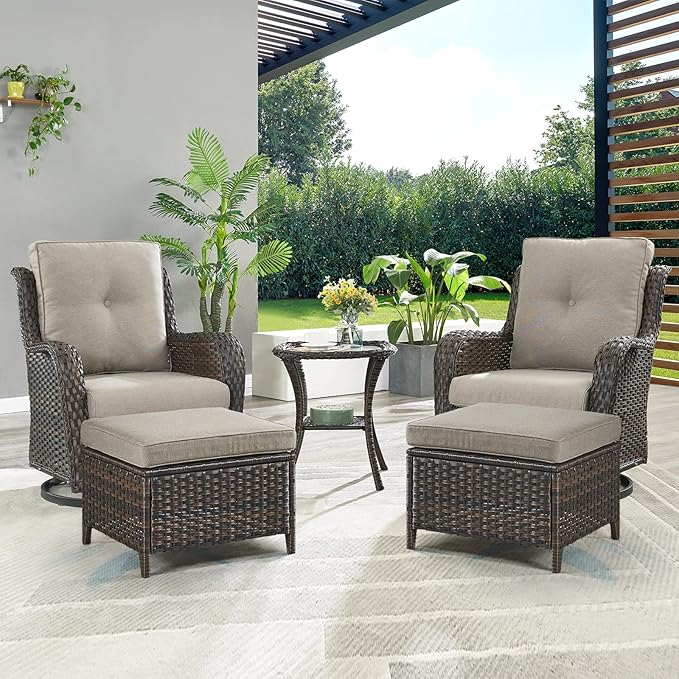 Rilyson Wicker Patio Furniture Set - 5 Piece Rattan Outdoor Sectional Conversation Sets with 2 Swivel Rocking Chairs,2 Ottomans and 1 Side Table for Porch Deck Garden(Brown/Grey)