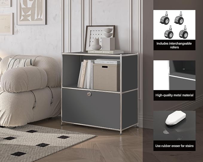 32.5-Inch Flip-Top Side Table & Buffet Cabinet with Detachable Wheels, Ample Storage, DIY Corner Bookshelf, Wall Shelf, Cube Organizer, Bedside Table – Modern Home Decor, Grey - Image 4