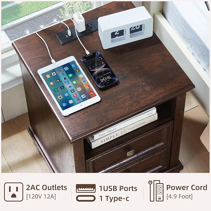SAVOR LIFE Farmhouse Nightstand Set of 2 with Charging Station, Rustic Brown Nightstand, 2 Drawers End Table, Bedside Table with Open Shelf for Bedroom, Walnut - Image 4