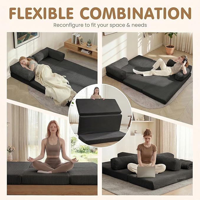 Folding Sofa Bed, Convertible Sleeper Chair with Pilow Foldable Matress, 2 in 1 Pull Out Loveseat Sofa Portable Fold Out Chair Bed Floor Couch Lounge for Living Room (Black, King-82 Lx76 W)