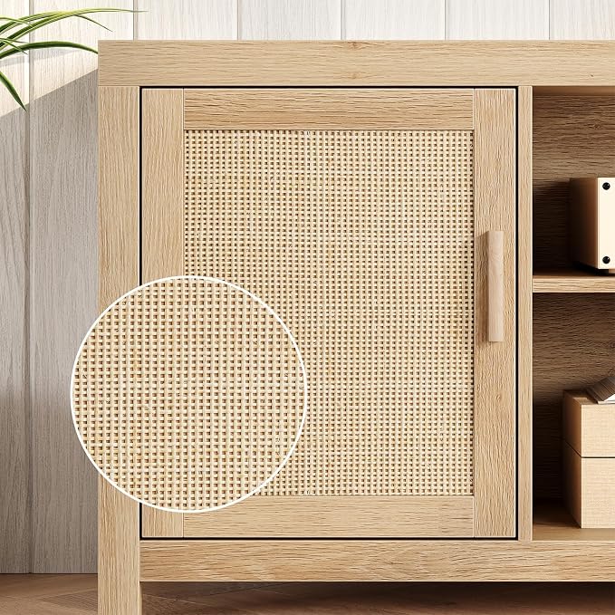 IDEALHOUSE Rattan TV Stand for 65 inch, Natural Oak Entertainment Center with Adjustable Shelves, Boho TV & Media Cabinet 2-Tier Storage for Living Room Bedroom - Image 4