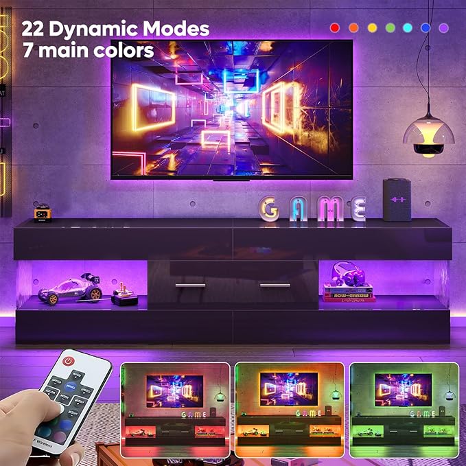 Bestier Black TV Stand for 55/60/65 Inch TV, High Gloss Modern TV Stand with Stone-Patterned Side Panels, LED Entertainment Center with Large Drawer, TV Consoles for Living Room, Bedroom - Image 6