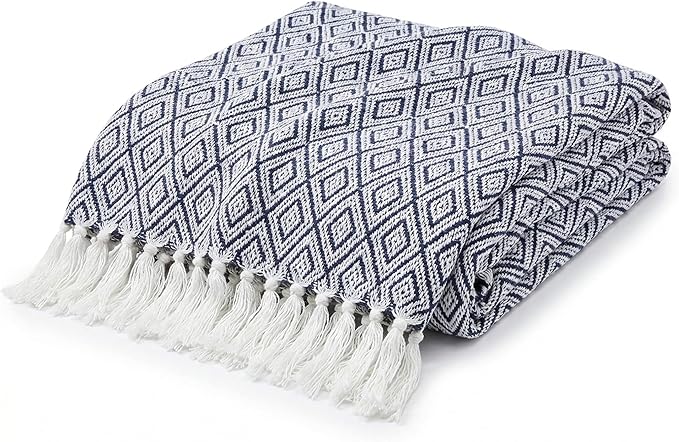 Americanflat 50x60 Throw Blanket - Soft and Breathable Cotton Throw Blanket for Couch, Bed, Chair - Decorative Blankets Perfect for Home or Outdoor Use - Navy Blue and White Double Diamond Design