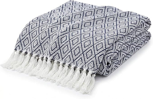 Americanflat 50x60 Throw Blanket - Soft and Breathable Cotton Throw Blanket for Couch, Bed, Chair - Decorative Blankets Perfect for Home or Outdoor Use - Navy Blue and White Double Diamond Design