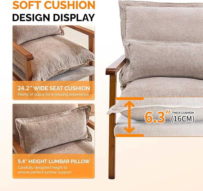 VINGLI Mid-Century Modern Cloud Accent Armchairs Set of 2 with Lumbar Pillow, 6.3'' Thick Seat Cushion Reading Chairs with Wooden Armrests, Boho Lounge Chair for Bedroom, Living Room, Chenille, Khaki