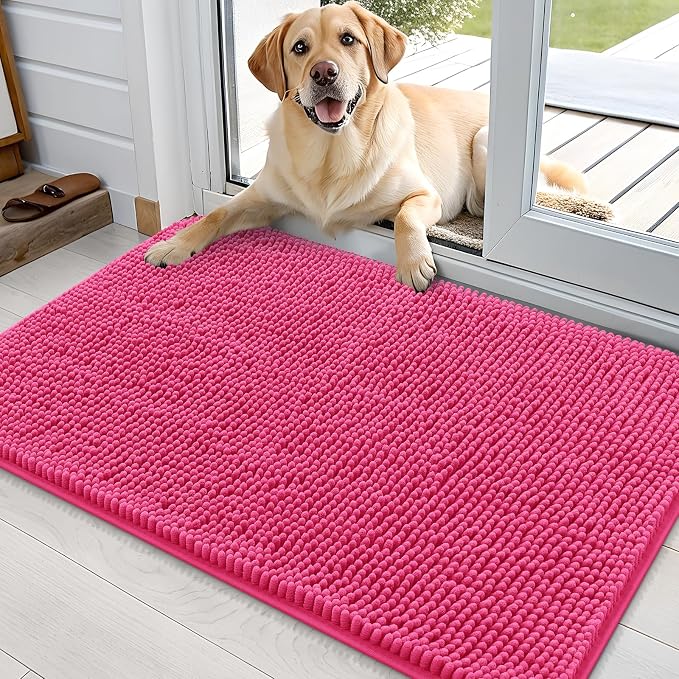 OLANLY Dog Door Mat for Muddy Paws 36x24, Absorbs Moisture and Dirt, Absorbent Non-Slip Washable Doormat, Quick Dry Chenille Mud Mat for Dogs, Entry Indoor Entryway Carpet for Inside Floor, Hot Pink by OLANLY