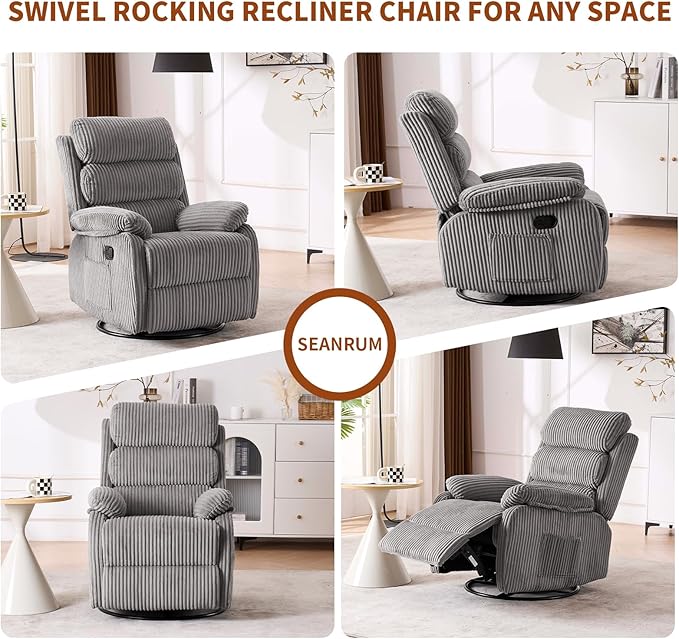 Plush Premium Velvet 360° Swivel Rocker Recliner Chair - High Back Glider with Generous Footrest, Supportive Armrests & Side Pocket for Nursery, Living Room & Small Spaces Grey