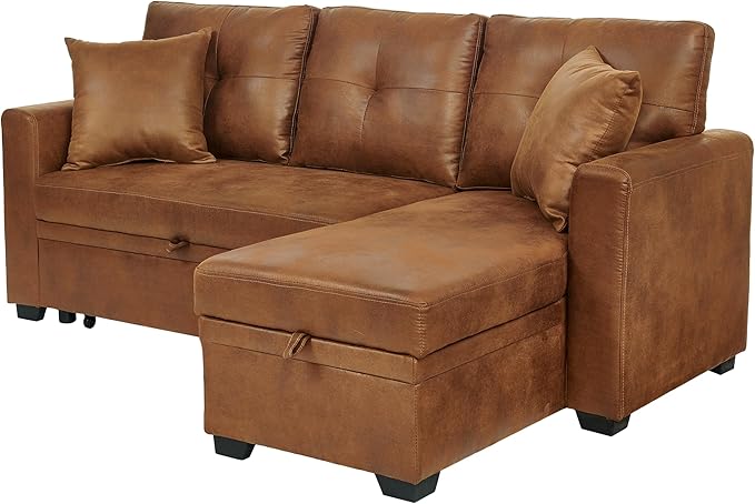 Sectional Sleeper Sofa with Pull Out Bed, L Shape Convertible Sofa Bed Couch with Storage Chaise, 3 in 1 Pull Out Sofa Bed with 3 Seats, for Living Room,Apartment, PU Brown, 76 Inch