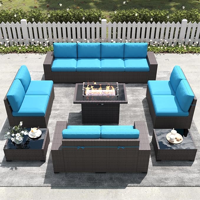 LayinSun 13 Pieces Outdoor Patio Furniture Set with 44" Fire Pit Table Brown Rattan Sectional Sofa Conversation Sets