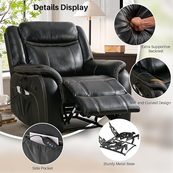 Massage Recliner Chair with Heat, Faux Leather Recliner Chairs for Adults, 39" Wide Manual Reclining Ergonomic Lounge Chair, Overstuffed Wall Hugger Recliners for Living Room, Black
