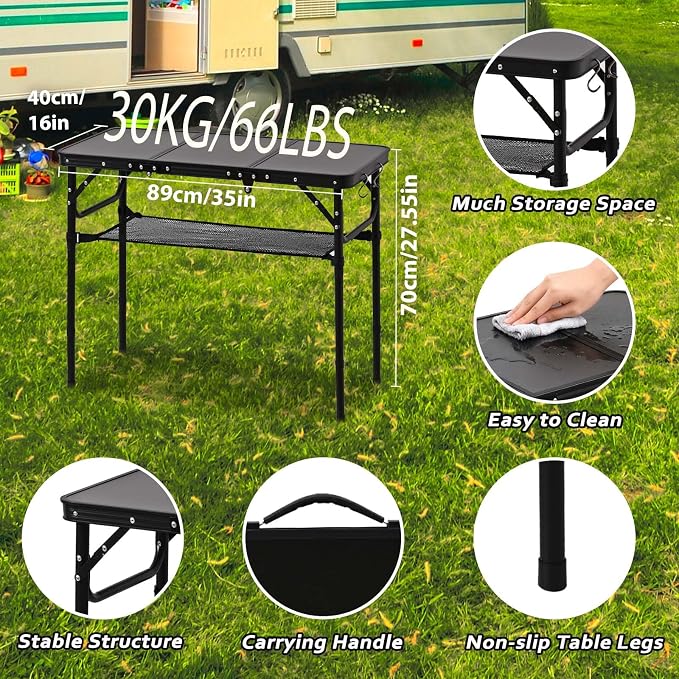 YihuiKo Folding Picnic Table with Storage Net, Matte Black Aluminum Folding Table 35" x 16", Adjustable Height Max 27.5", Lightweight Portable for Camping Travel Grill Indoor - Image 5