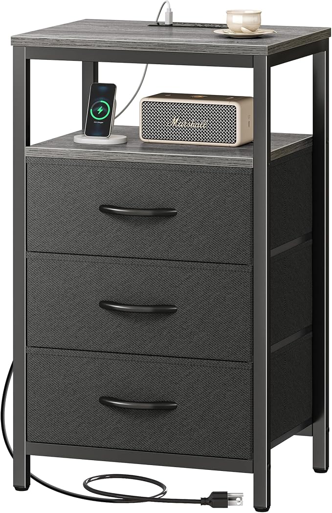 Huuger Nightstand with Charging Station, 27.6 Inch End Table Bedside Table with USB Ports and Outlets, Fabric Drawers, Night Stand for Bedroom, Charcoal Gray - Image 9